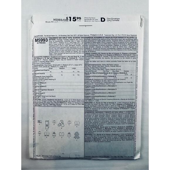 McCalls 5993 Girl's Hats Scarves Mittens Sewing Pattern Sz One Size UNCUT 2009. - Picture 2 of 2